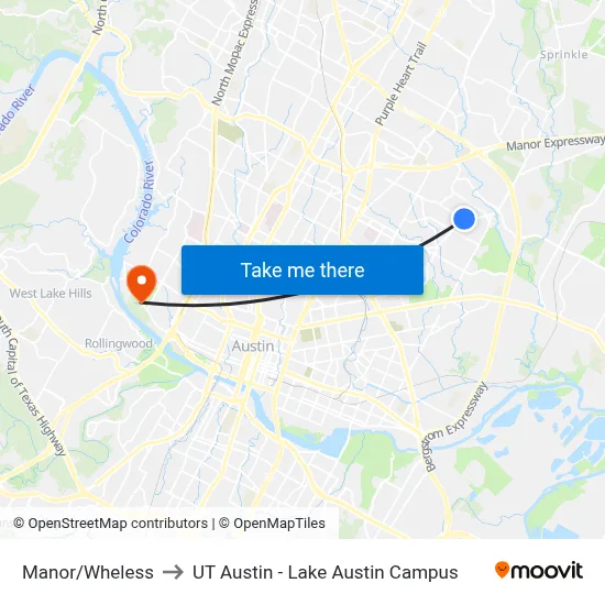 Manor/Wheless to UT Austin - Lake Austin Campus map