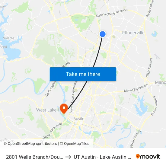 2801 Wells Branch/Double File to UT Austin - Lake Austin Campus map