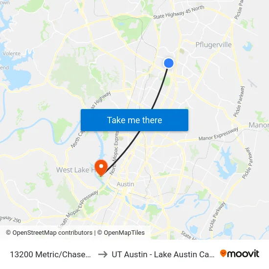 13200 Metric/Chasewood to UT Austin - Lake Austin Campus map