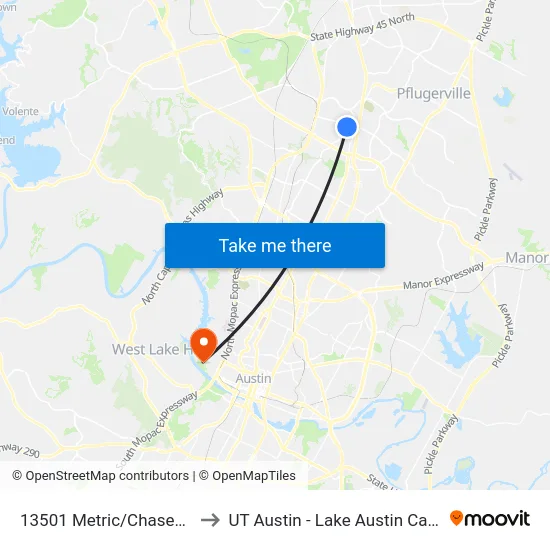 13501 Metric/Chasewood to UT Austin - Lake Austin Campus map