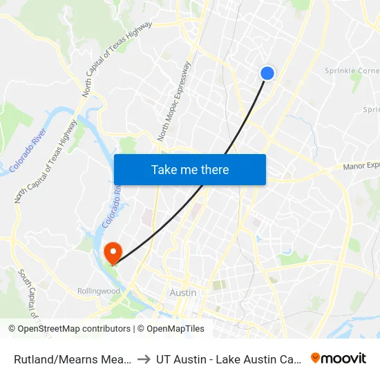 Rutland/Mearns Meadow to UT Austin - Lake Austin Campus map
