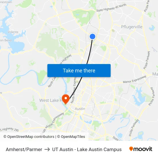 Amherst/Parmer to UT Austin - Lake Austin Campus map