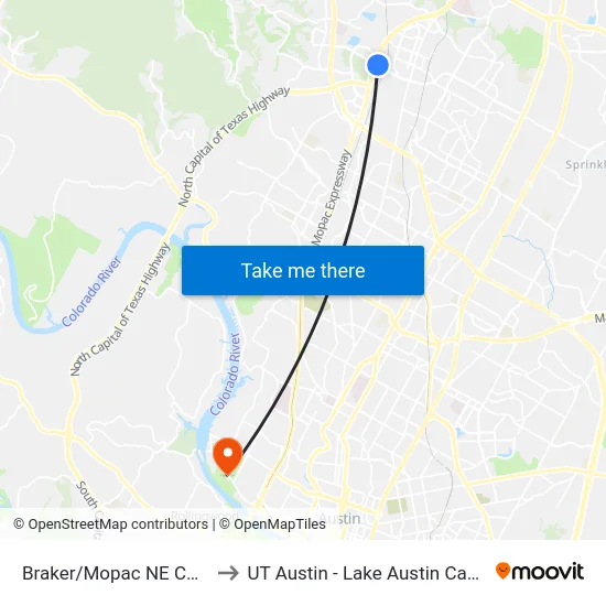 Braker/Mopac NE Corner to UT Austin - Lake Austin Campus map