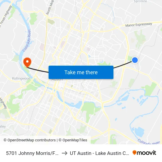 5701 Johnny Morris/Fm 969 to UT Austin - Lake Austin Campus map