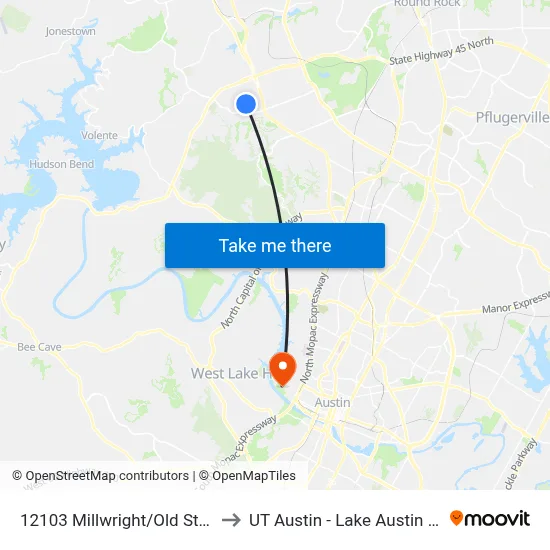 12103 Millwright/Old Stage Trail to UT Austin - Lake Austin Campus map