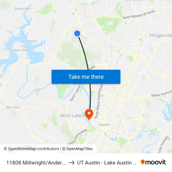 11808 Millwright/Anderson Mill to UT Austin - Lake Austin Campus map