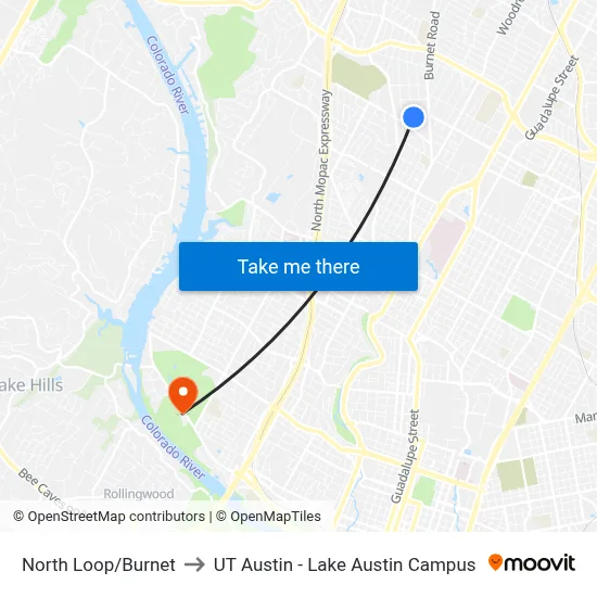 North Loop/Burnet to UT Austin - Lake Austin Campus map