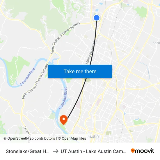 Stonelake/Great Hills to UT Austin - Lake Austin Campus map