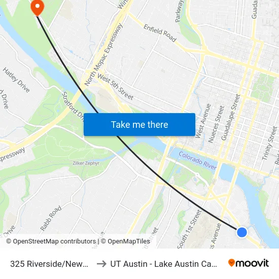 325 Riverside/Newning to UT Austin - Lake Austin Campus map