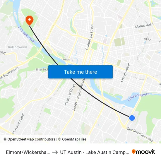 Elmont/Wickersham to UT Austin - Lake Austin Campus map