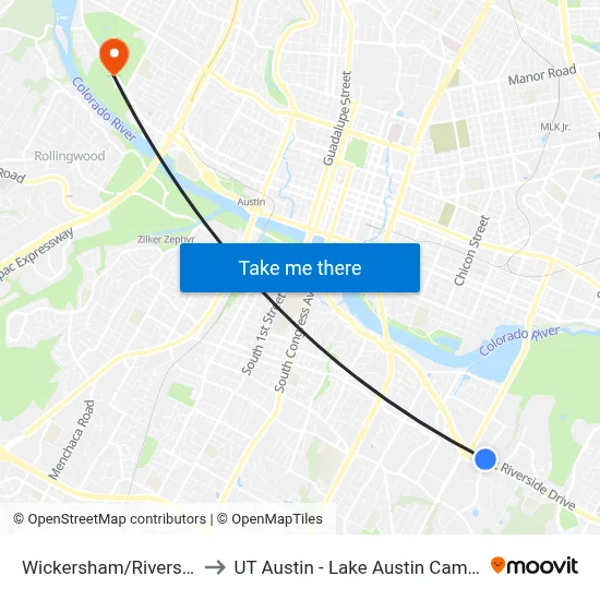 Wickersham/Riverside to UT Austin - Lake Austin Campus map