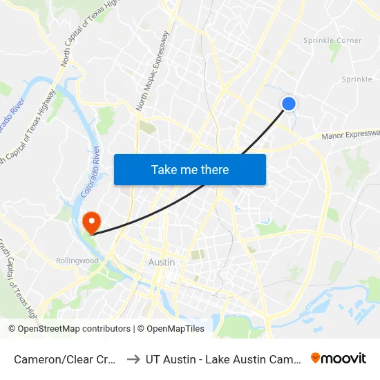Cameron/Clear Creek to UT Austin - Lake Austin Campus map