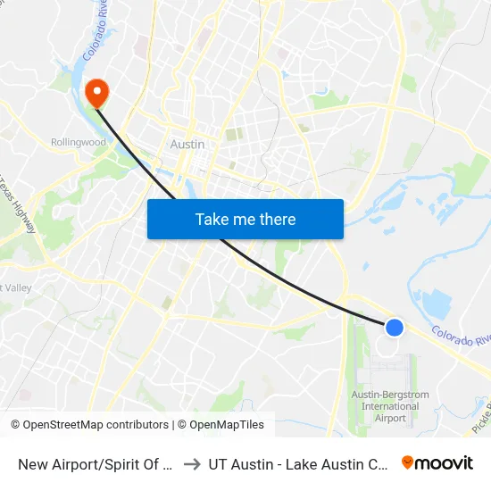 New Airport/Spirit Of Texas to UT Austin - Lake Austin Campus map
