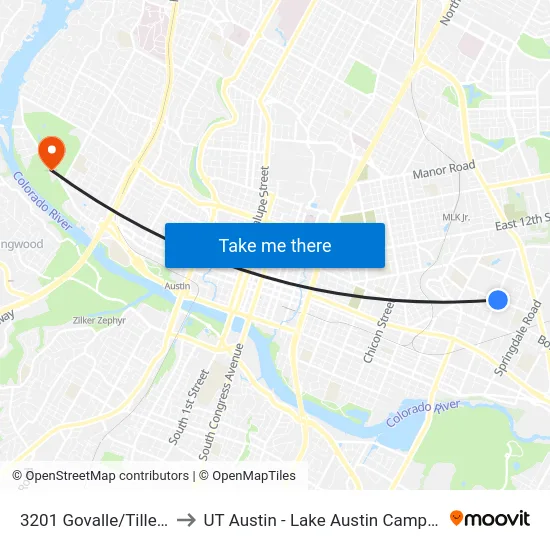 3201 Govalle/Tillery to UT Austin - Lake Austin Campus map