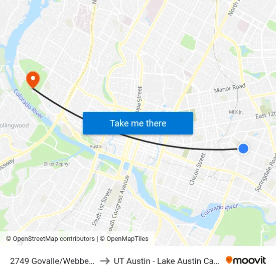 2749 Govalle/Webberville to UT Austin - Lake Austin Campus map