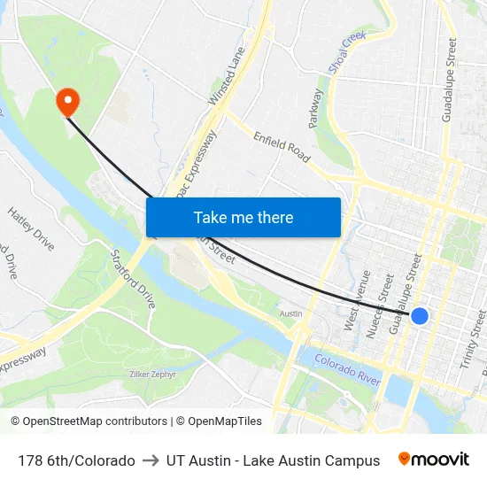 178 6th/Colorado to UT Austin - Lake Austin Campus map