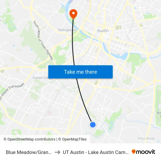 Blue Meadow/Granger to UT Austin - Lake Austin Campus map
