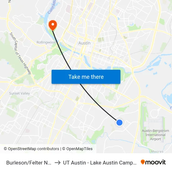 Burleson/Felter NW to UT Austin - Lake Austin Campus map