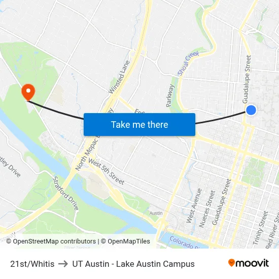 21st/Whitis to UT Austin - Lake Austin Campus map