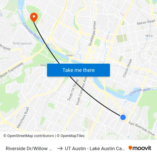 Riverside Dr/Willow Creek to UT Austin - Lake Austin Campus map