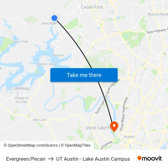 Evergreen/Pecan to UT Austin - Lake Austin Campus map