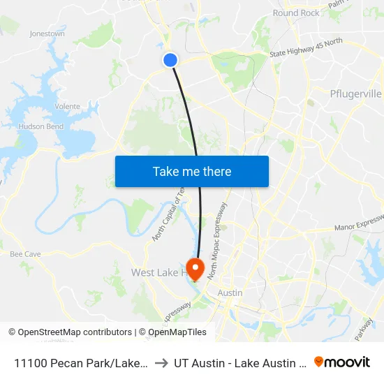11100 Pecan Park/Lakeline Mall to UT Austin - Lake Austin Campus map