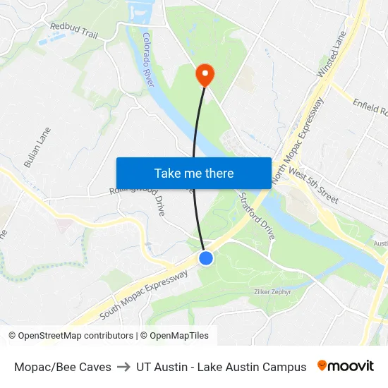 Mopac/Bee Caves to UT Austin - Lake Austin Campus map
