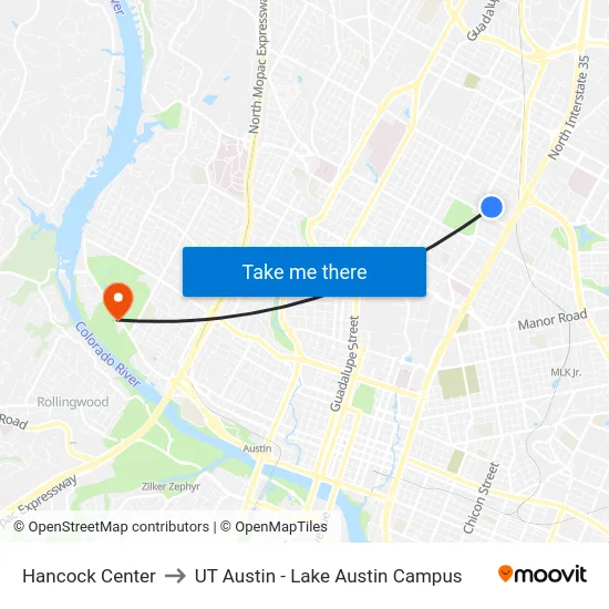 Hancock Center to UT Austin - Lake Austin Campus map