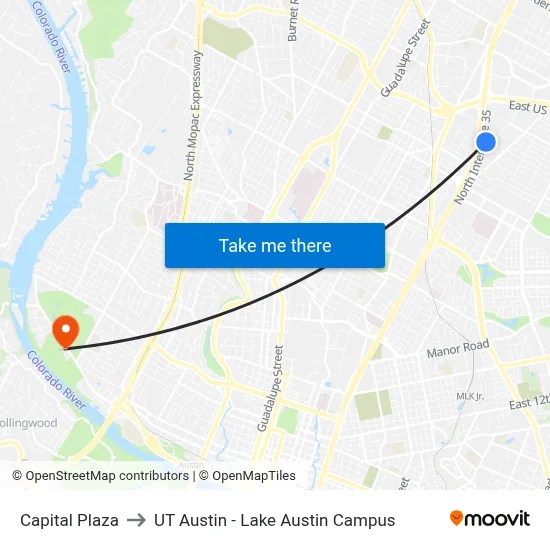 Capital Plaza to UT Austin - Lake Austin Campus map