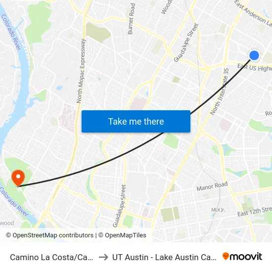 Camino La Costa/Calidad to UT Austin - Lake Austin Campus map