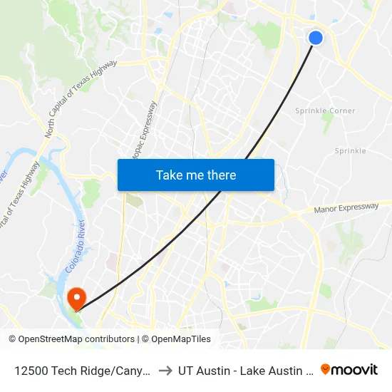 12500 Tech Ridge/Canyon Ridge to UT Austin - Lake Austin Campus map