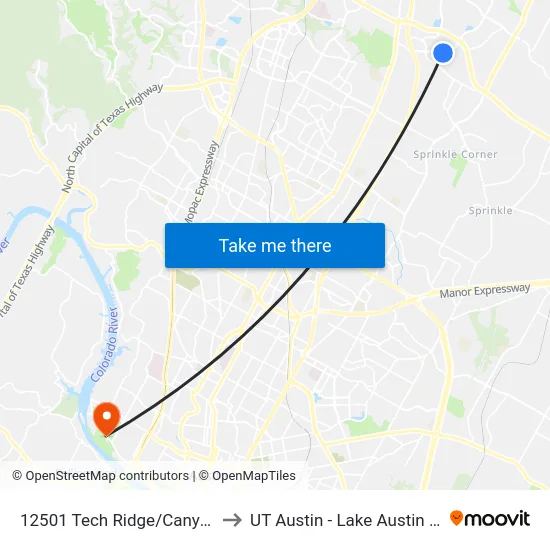 12501 Tech Ridge/Canyon Ridge to UT Austin - Lake Austin Campus map