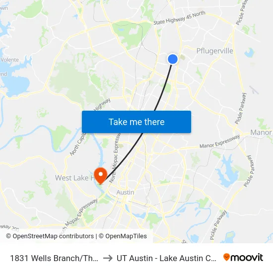 1831 Wells Branch/Thermal to UT Austin - Lake Austin Campus map