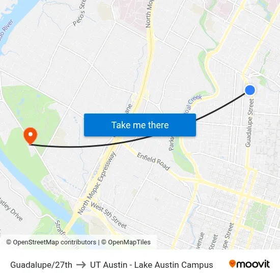 Guadalupe/27th to UT Austin - Lake Austin Campus map