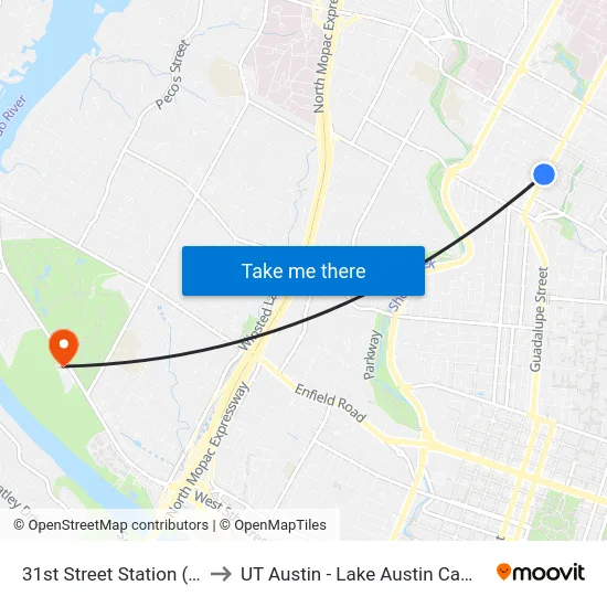31st Street Station (Sb) to UT Austin - Lake Austin Campus map