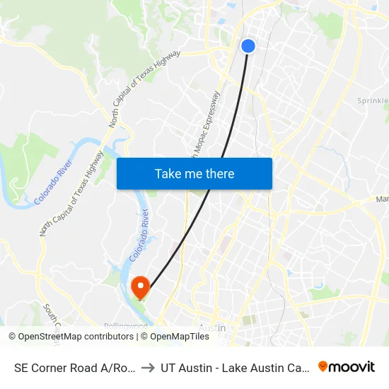 SE Corner Road A/Road B to UT Austin - Lake Austin Campus map