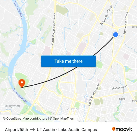 Airport/55th to UT Austin - Lake Austin Campus map