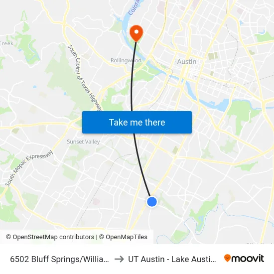 6502 Bluff Springs/William Cannon to UT Austin - Lake Austin Campus map
