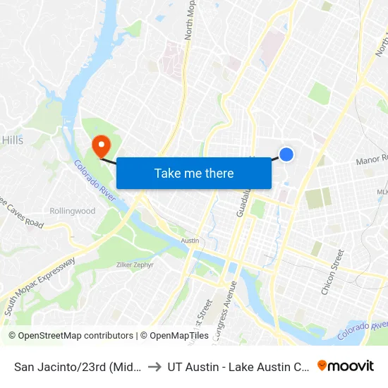 San Jacinto/23rd (Midblock) to UT Austin - Lake Austin Campus map