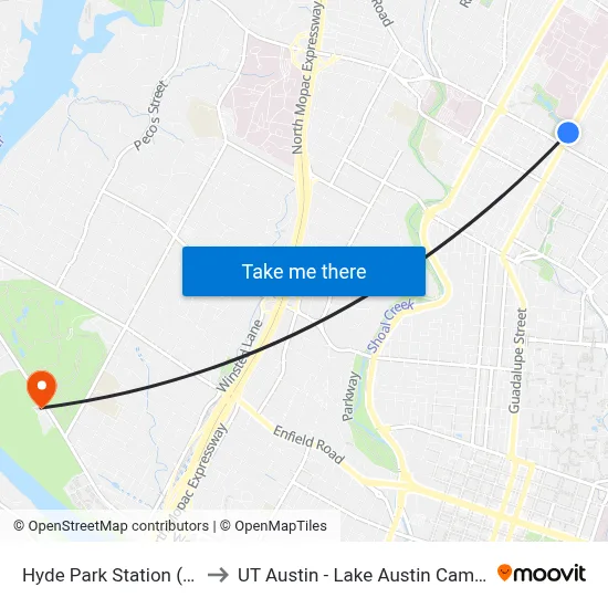 Hyde Park Station (Sb) to UT Austin - Lake Austin Campus map