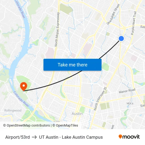 Airport/53rd to UT Austin - Lake Austin Campus map