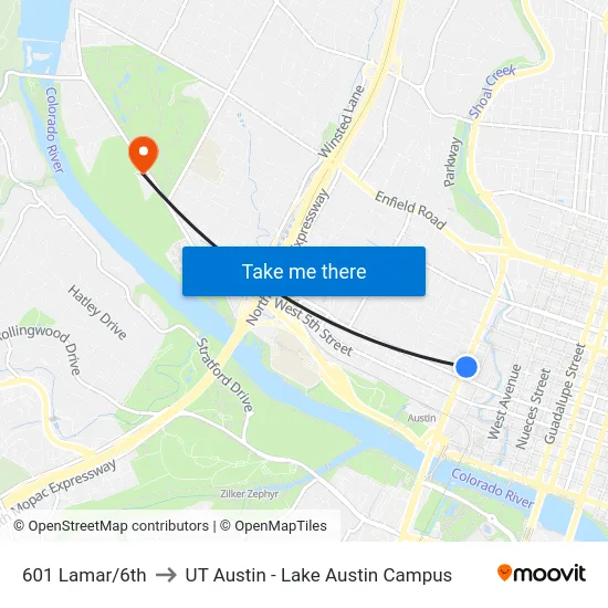 601 Lamar/6th to UT Austin - Lake Austin Campus map