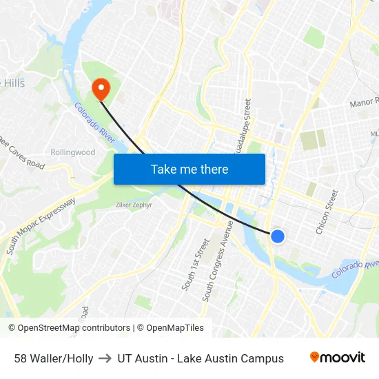 58 Waller/Holly to UT Austin - Lake Austin Campus map