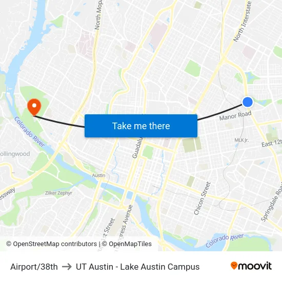 Airport/38th to UT Austin - Lake Austin Campus map