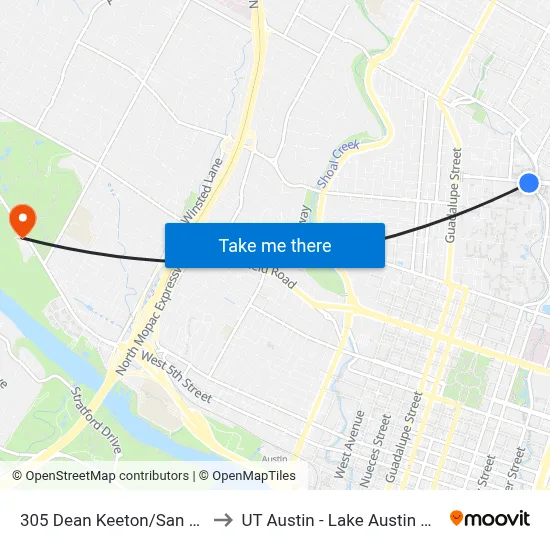 305 Dean Keeton/San Jacinto to UT Austin - Lake Austin Campus map