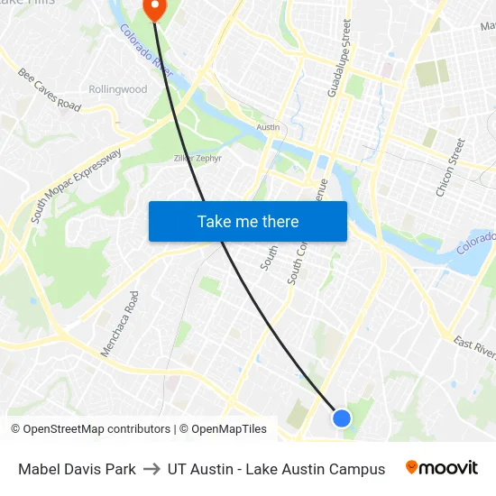 Mabel Davis Park to UT Austin - Lake Austin Campus map