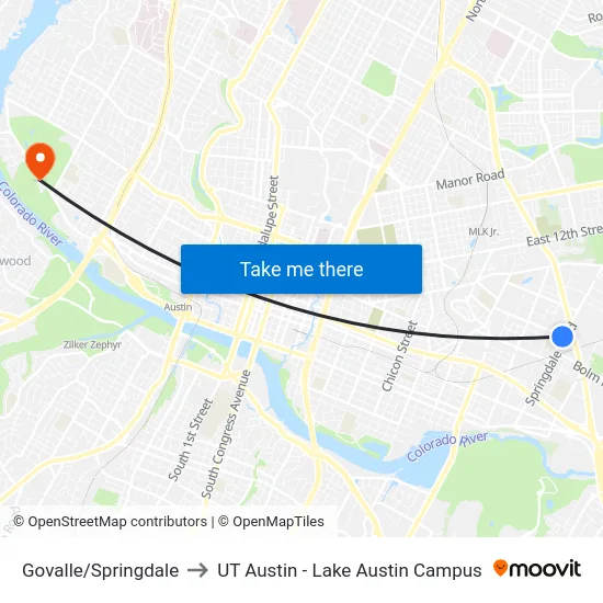 Govalle/Springdale to UT Austin - Lake Austin Campus map