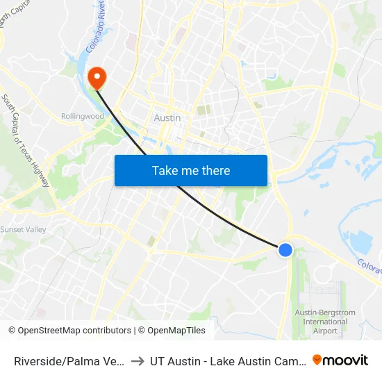 Riverside/Palma Verde to UT Austin - Lake Austin Campus map