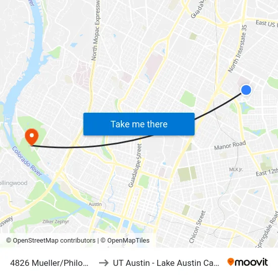 4826 Mueller/Philomena to UT Austin - Lake Austin Campus map