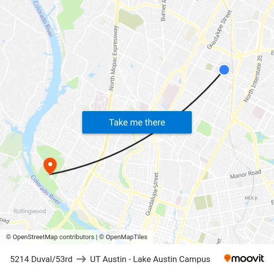 5214 Duval/53rd to UT Austin - Lake Austin Campus map